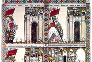 Alfonso X el Sabio. Diferentes   escenas en una página miniada de las «Cantigas de Santa María».   Biblioteca del Monasterio de San Lorenzo de El Escorial.