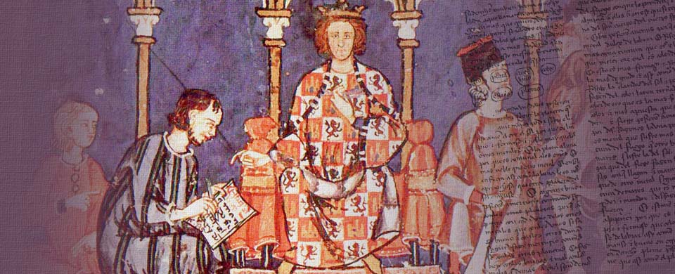 Diseño gráfico con una imagen de Alfonso X el Sabio en el Libro de los juegos