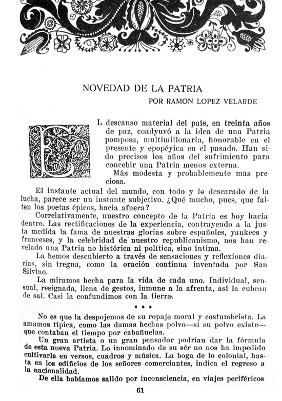  Primera página de «Novedad de la Patria» de Ramón López Velarde en  El Maestro: Revista de Cultura Nacional , México,  n.º   I , 1921,  p.  61 