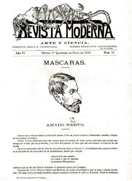  Portada de la  Revista Moderna , México, 1.ª quincena de junio de 1903, año  VI ,  n.º  11 
 Carátula y «Máscara de Amado Nervo» por Julio Ruelas 