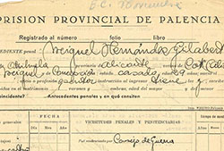 Ficha de Miguel Hernández en la prisión provincial de Palencia.