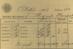 Calificaciones escolares de Miguel Hernández.