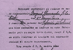 Ficha de enfermería de Miguel Hernández en diciembre de 1941.
