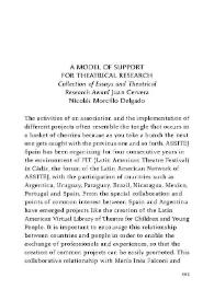 A model of support for theatrical research : (Collection of Essays and Theatrical Research Award Juan Cervera) / Nicolás Morcillo Delgado | Biblioteca Virtual Miguel de Cervantes