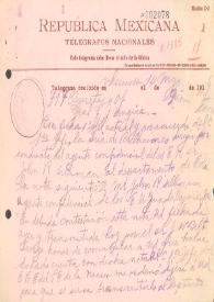 Telegrama de Villahermosa a Querétaro (México), 14 de marzo de 1916 | Biblioteca Virtual Miguel de Cervantes